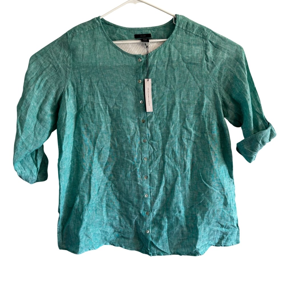Tahari Womens 2X Teal Green 100% Linen Button Front Roll Tab Sleeve Blouse NEW